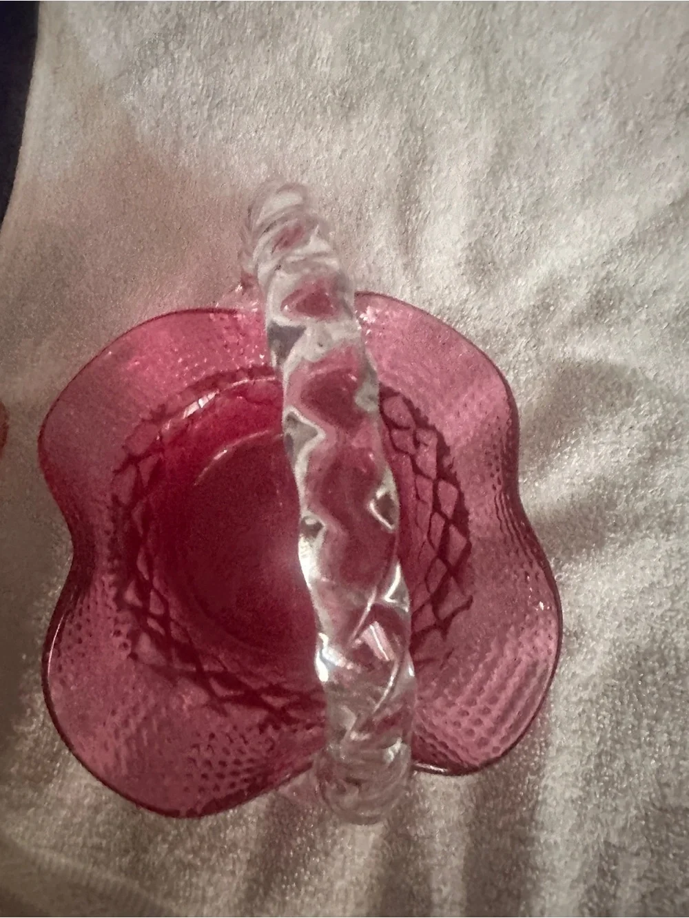 Vintage Fenton Cranberry  Glass basket with berries at bottom of the handle